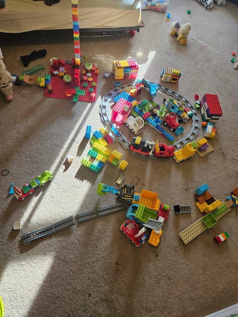 Scattered building blocks, toy trains, and play structures on a carpeted floor in a sunlit playroom.